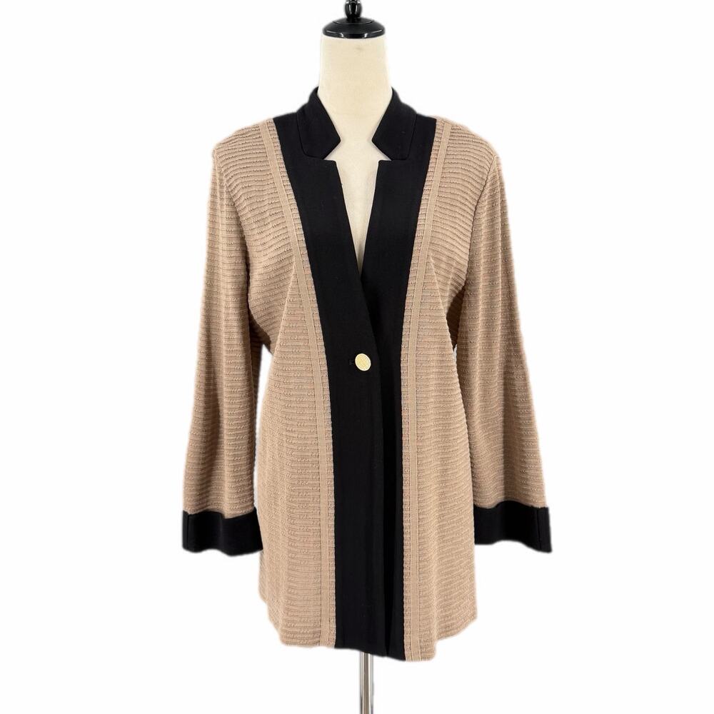 Misook Tan Black Ribbed Knit Minimalist Workwear Classic Corpcore Chic Cardigan